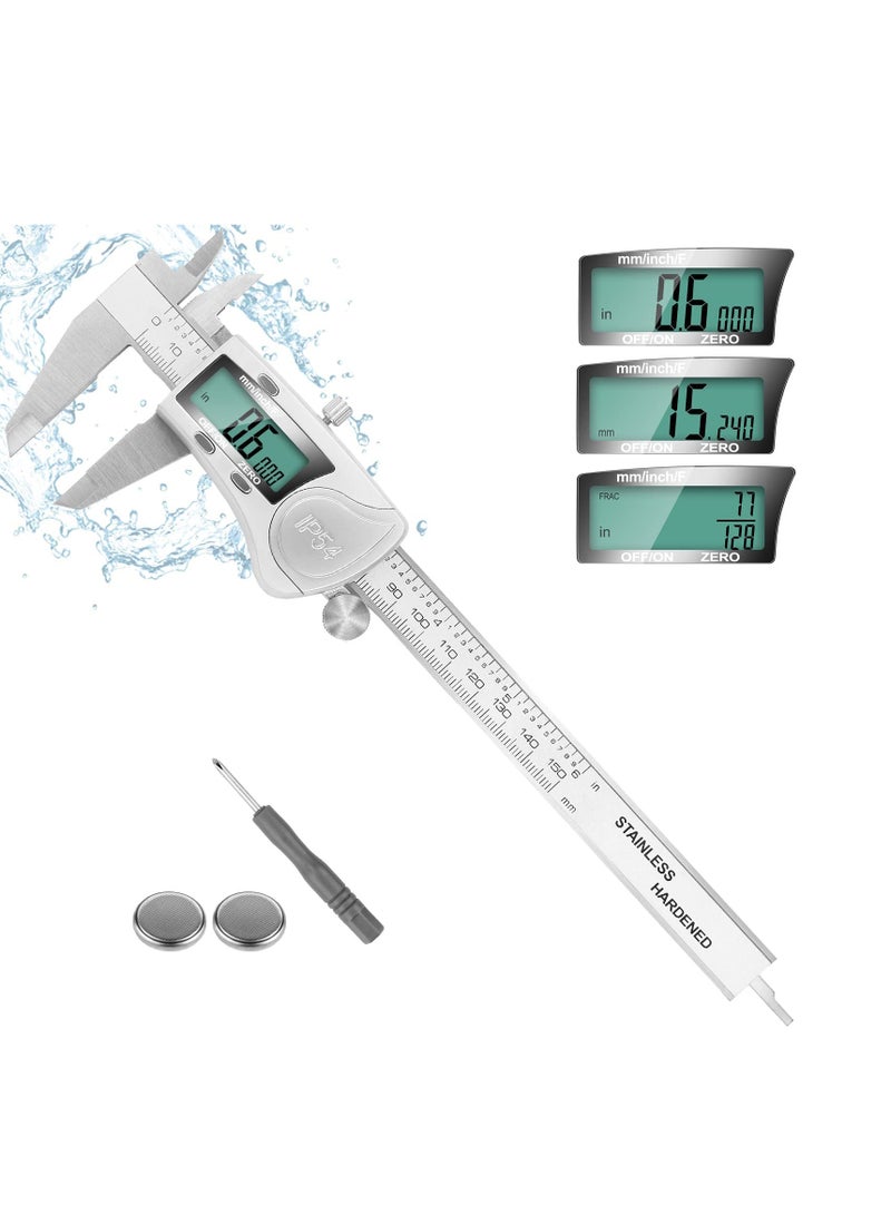 Digital Caliper Calipers 6 Inch Measuring Tool with Stainless Steel IP54 Splash Proof Protection Design Easy Switch from Inch to Millimeter Large Screen