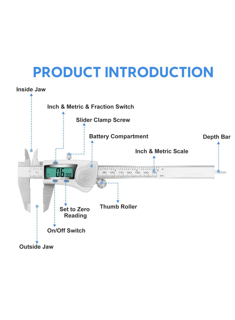 Digital Caliper Calipers 6 Inch Measuring Tool with Stainless Steel IP54 Splash Proof Protection Design Easy Switch from Inch to Millimeter Large Screen