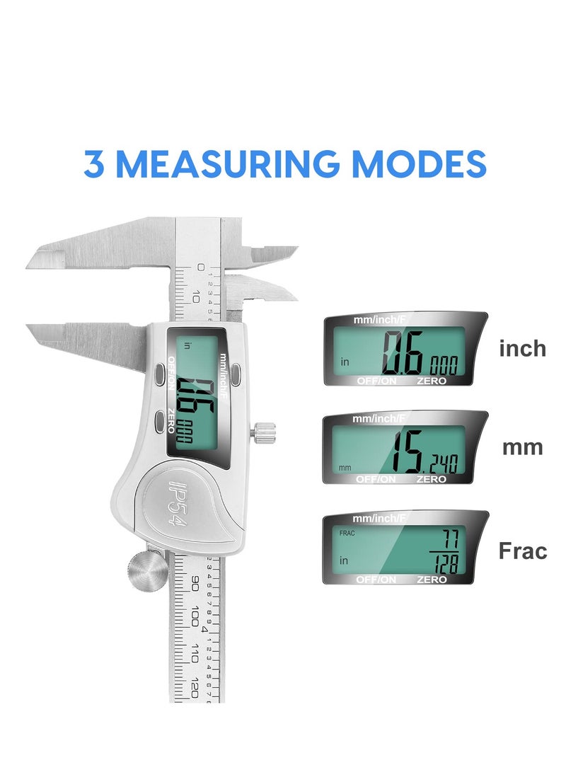 Digital Caliper Calipers 6 Inch Measuring Tool with Stainless Steel IP54 Splash Proof Protection Design Easy Switch from Inch to Millimeter Large Screen