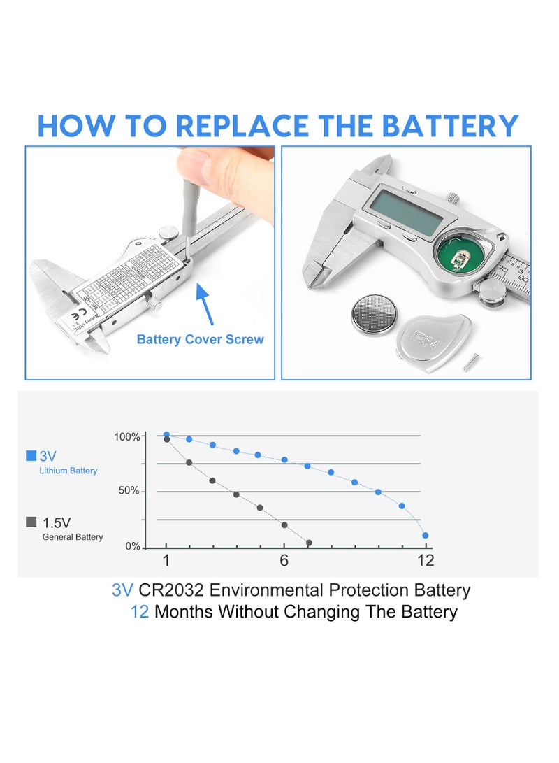 Digital Caliper Calipers 6 Inch Measuring Tool with Stainless Steel IP54 Splash Proof Protection Design Easy Switch from Inch to Millimeter Large Screen