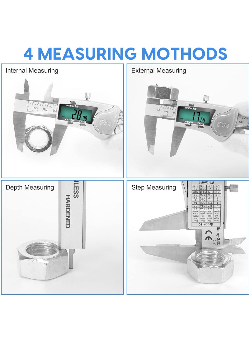 Digital Caliper Calipers 6 Inch Measuring Tool with Stainless Steel IP54 Splash Proof Protection Design Easy Switch from Inch to Millimeter Large Screen