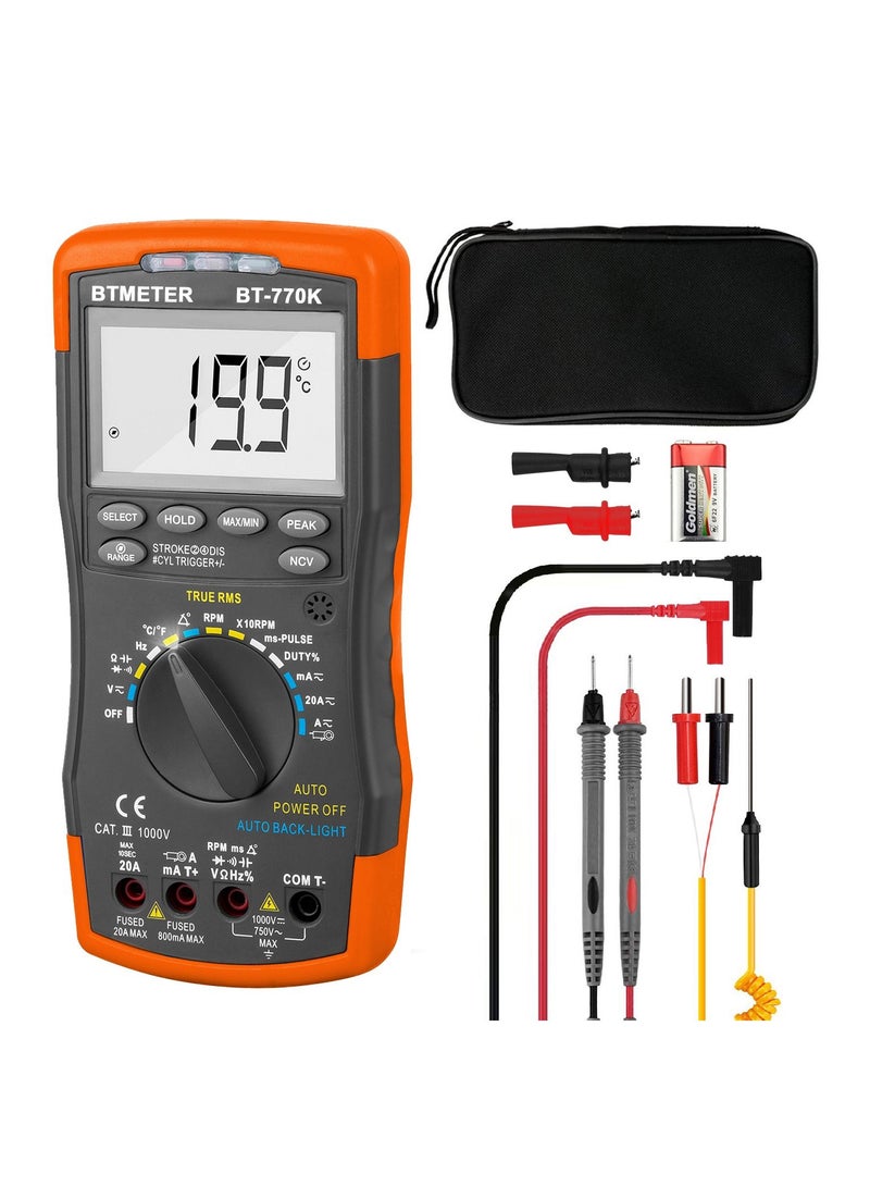 Auto Ranging Automotive Multimeter for Dwell Angle Pulse Width Tach Temperature Duty Cycle Voltage Current Resistance Test Black/Orange