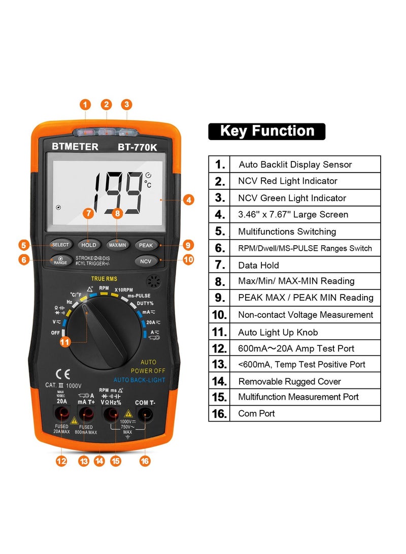 Auto Ranging Automotive Multimeter for Dwell Angle Pulse Width Tach Temperature Duty Cycle Voltage Current Resistance Test Black/Orange