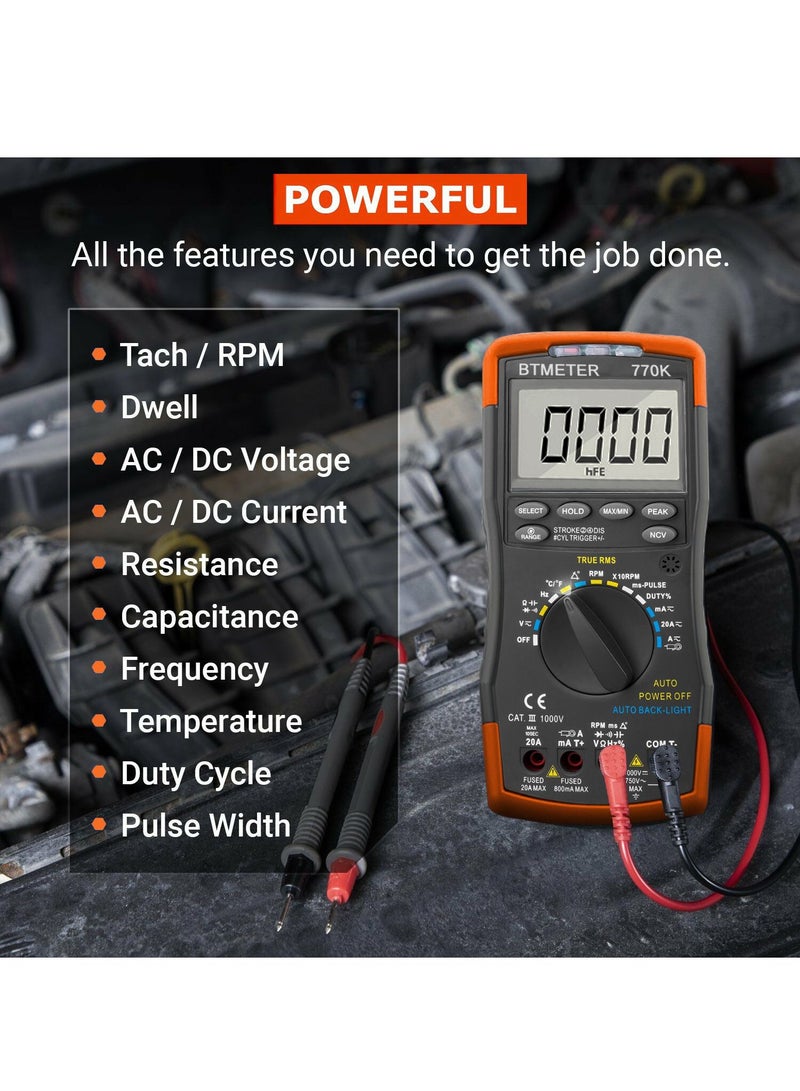 Auto Ranging Automotive Multimeter for Dwell Angle Pulse Width Tach Temperature Duty Cycle Voltage Current Resistance Test Black/Orange