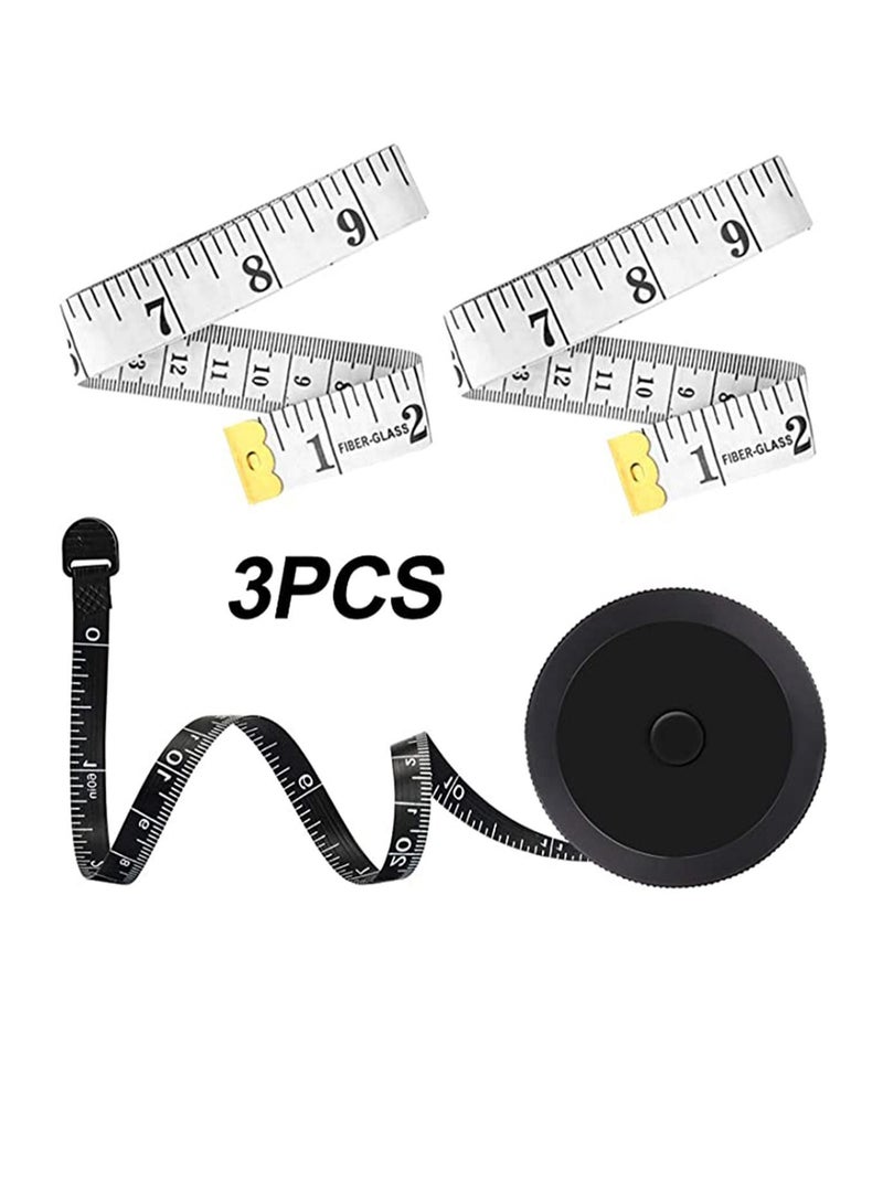 Soft Tape Measure 1 Pack Black Retractable and 2 White for Body Fabric Sewing Tailor Cloth Knitting Craft Measurements (60-inch)