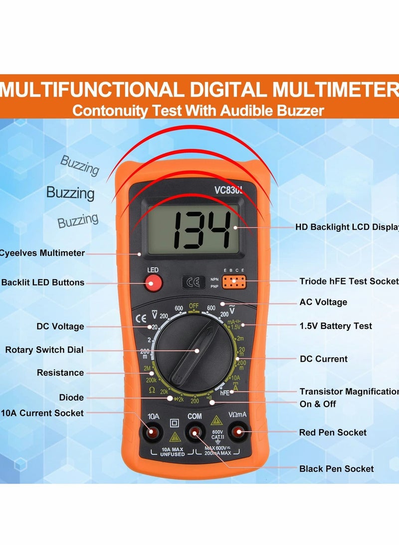 Digital Multimeter, Multimeter with AC DC Voltmeter & Ohm Volt Amp Tester, Multifunction Battery Pocket Meter Backlight Tests Wire, Voltage Tester Measure Current Resistance