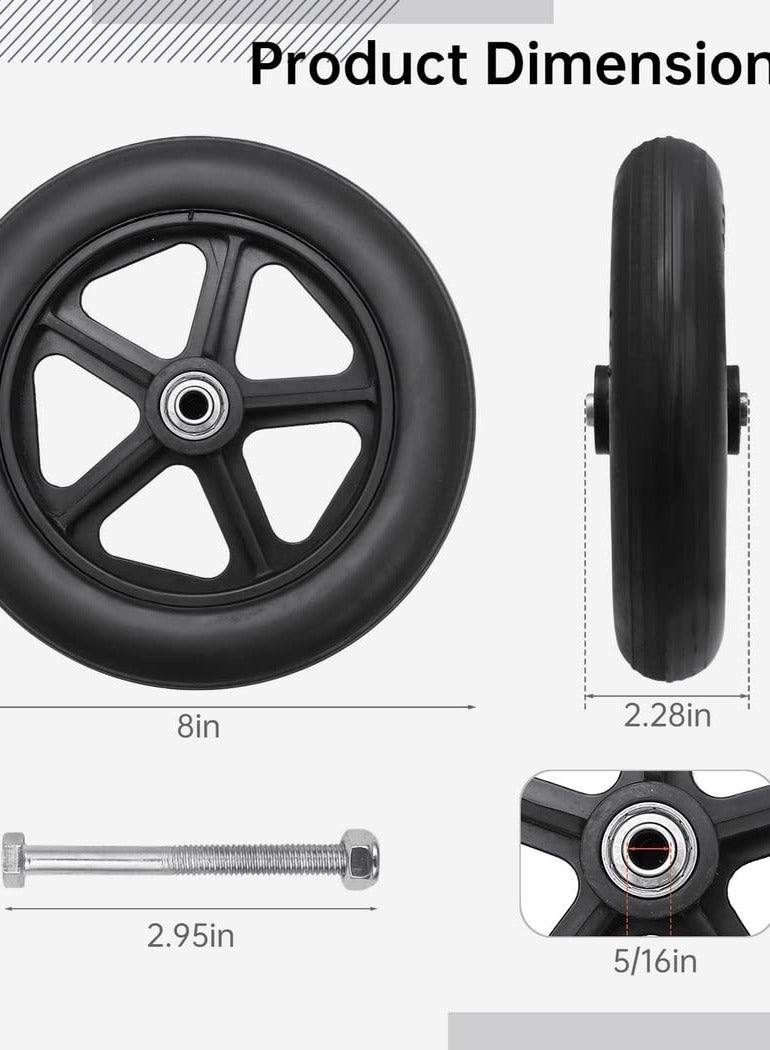 2 PCS Wheelchair Front Wheel, 8 inch Solid Wheel Replacement with 5/16inch(8mm) Metal Bearing, Accessories for Wheelchairs, Rollators, Walkers