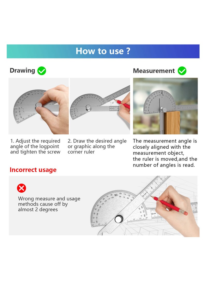 Stainless Steel Protractor, 180 Degrees Two Arm Ruler Adjustable Angle Protractor Woodworking Ruler Craftsman Angle Measure Tool