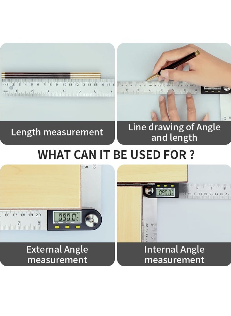 Digital Angle Finder Ruler Protractor, 8inch/200mm Length, LCD Display, Stainless Steel Woodworking Angle Detector, Hold/Rev, Mm/Inch for Construction