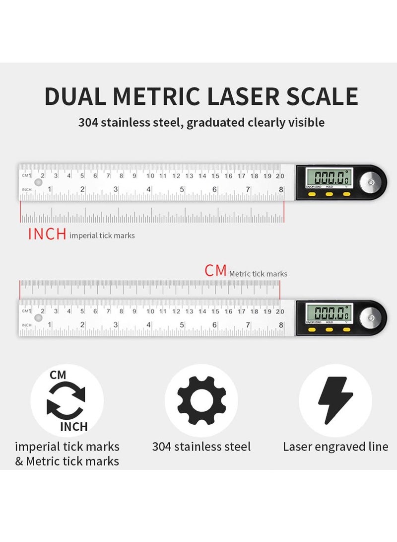 Digital Angle Finder Ruler Protractor, 8inch/200mm Length, LCD Display, Stainless Steel Woodworking Angle Detector, Hold/Rev, Mm/Inch for Construction