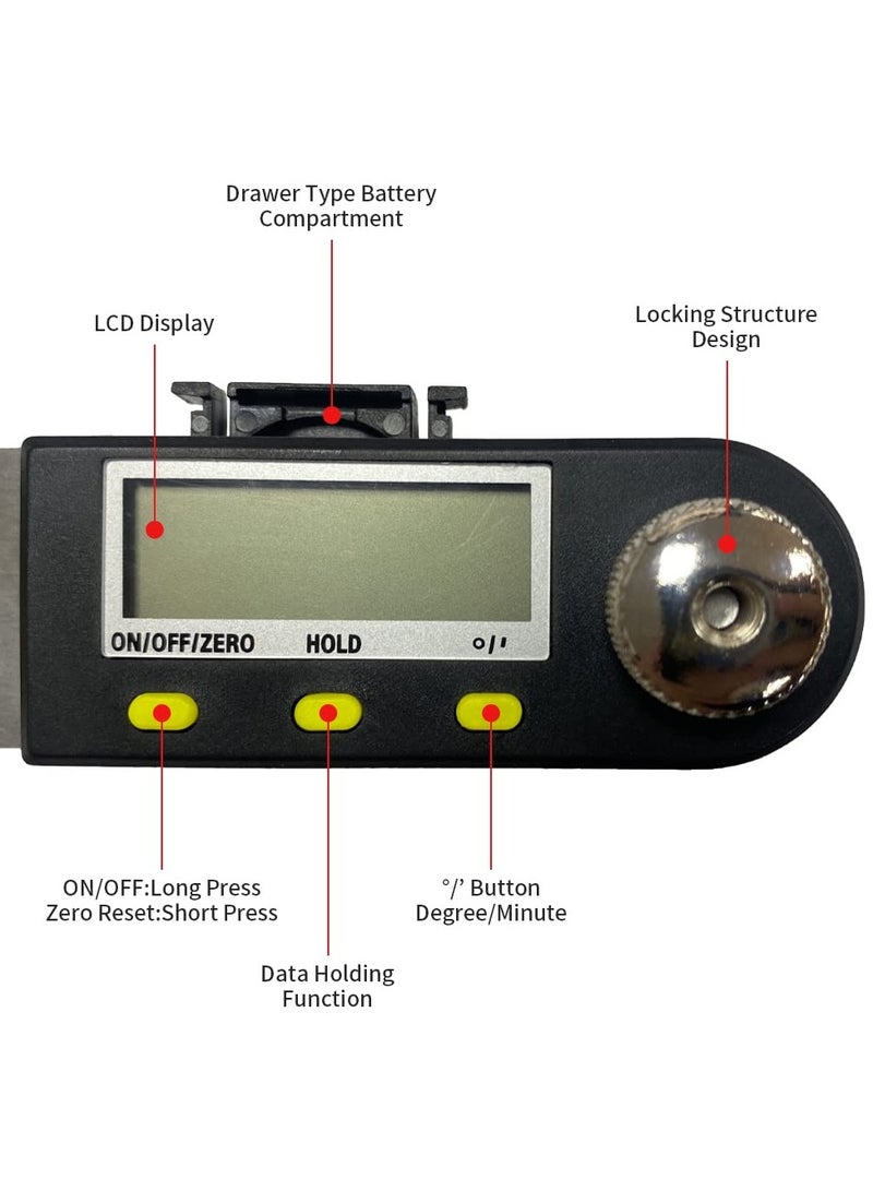 Digital Angle Finder Ruler Protractor, 8inch/200mm Length, LCD Display, Stainless Steel Woodworking Angle Detector, Hold/Rev, Mm/Inch for Construction
