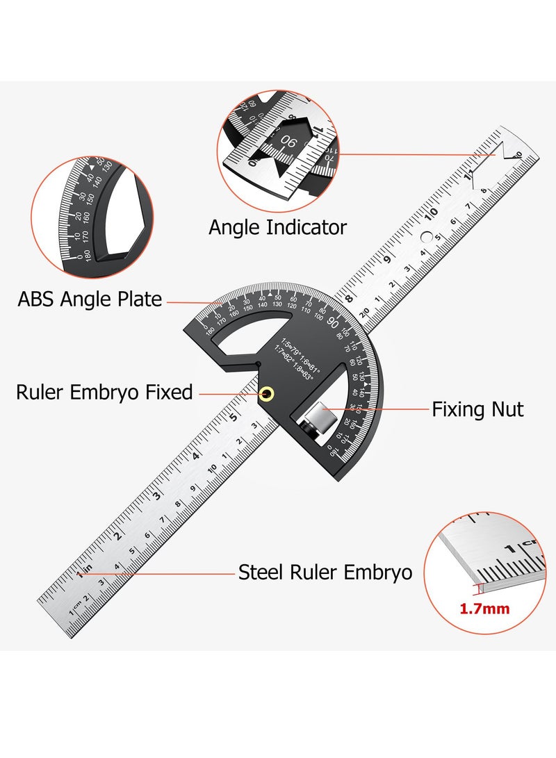 Woodworking Scribing Angle Ruler, 300mm Angle Protractor Stainless Steel Marking Ruler, Precision Engineer Woodworking Rule for Length Measurement, DIY, Line Marking, Circle Drawing