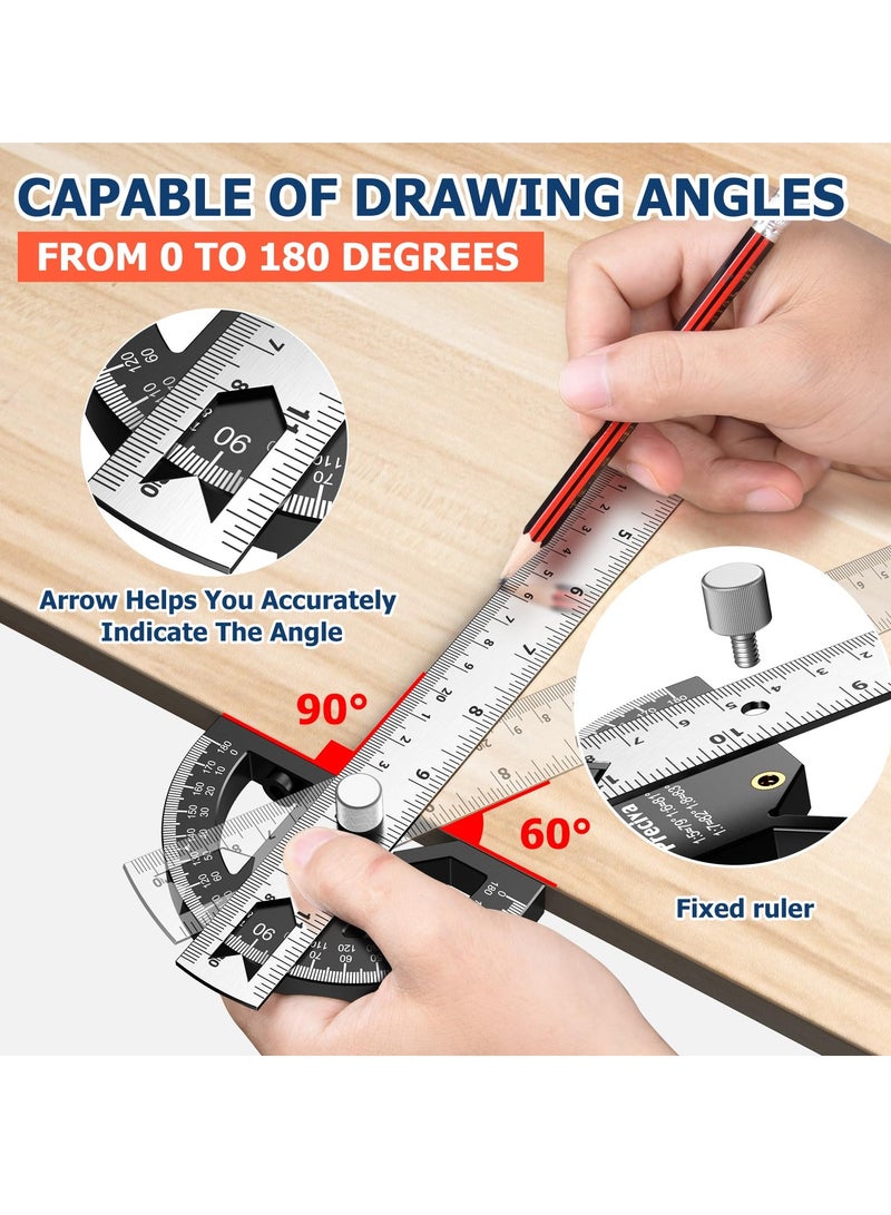 Woodworking Scribing Angle Ruler, 300mm Angle Protractor Stainless Steel Marking Ruler, Precision Engineer Woodworking Rule for Length Measurement, DIY, Line Marking, Circle Drawing