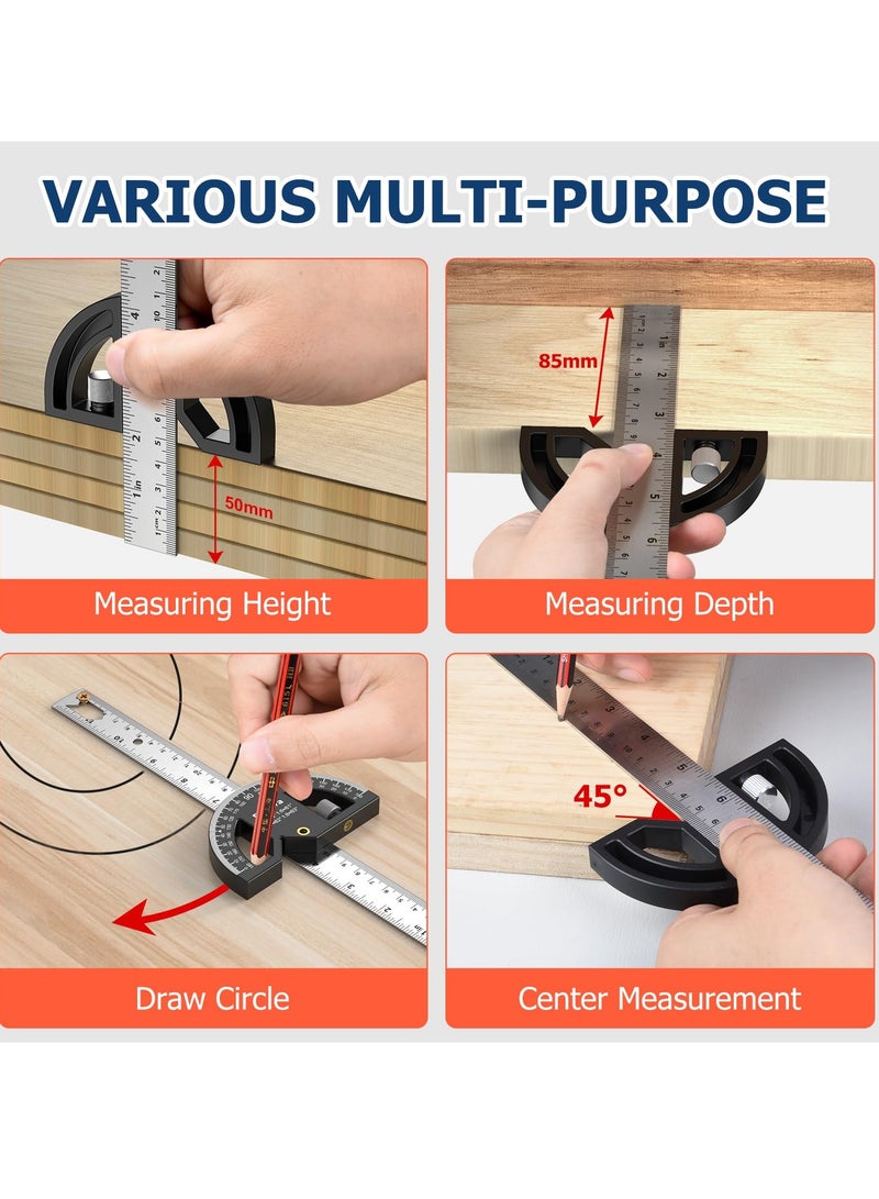 Woodworking Scribing Angle Ruler, 300mm Angle Protractor Stainless Steel Marking Ruler, Precision Engineer Woodworking Rule for Length Measurement, DIY, Line Marking, Circle Drawing