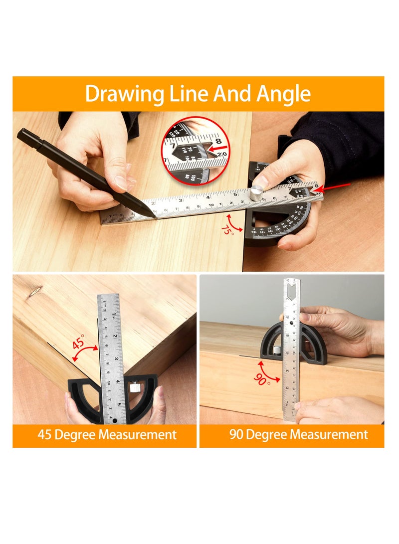 Protractor Angle Finder, Protractor for Woodworking, 8-Inch Adjustable Stainless Steel Angle Ruler, Angle Measuring Tool with 0-180 Degrees, for Woodworking, Metalworking, Construction