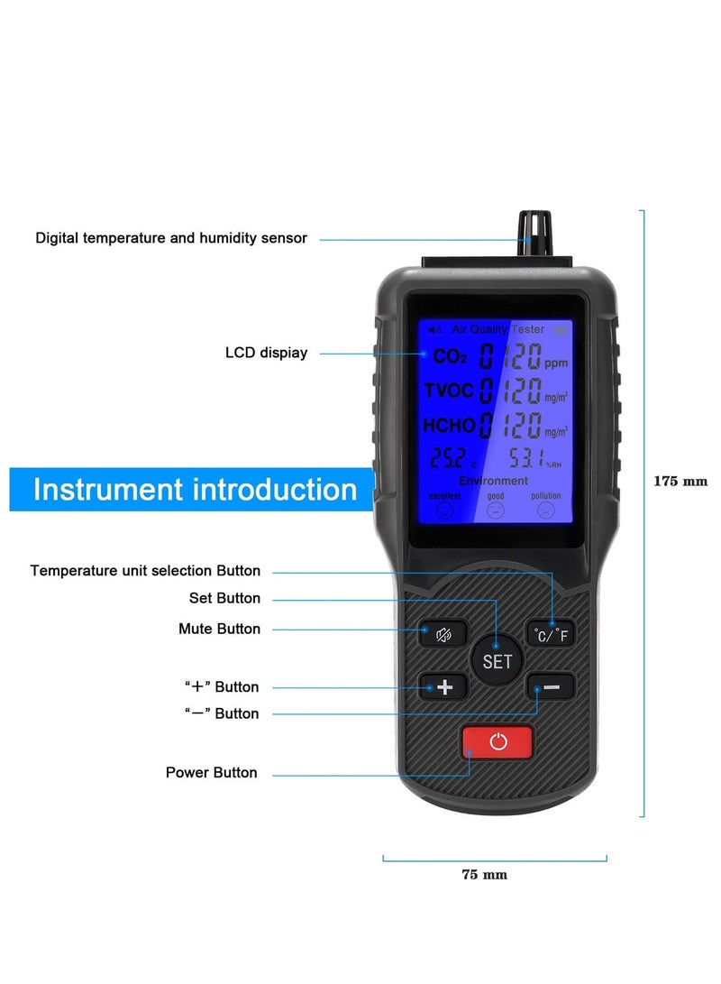 Air Quality Monitor, Accurate Tester for CO2, HCHO, TVOC, Formaldehyde Detector, Temperature and Humidity Meter Sensor, Tester Real Time Air Data Recording for Home, Office, Outdoor