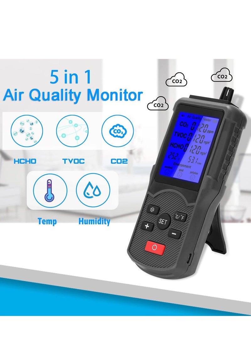 Air Quality Monitor, Accurate Tester for CO2, HCHO, TVOC, Formaldehyde Detector, Temperature and Humidity Meter Sensor, Tester Real Time Air Data Recording for Home, Office, Outdoor