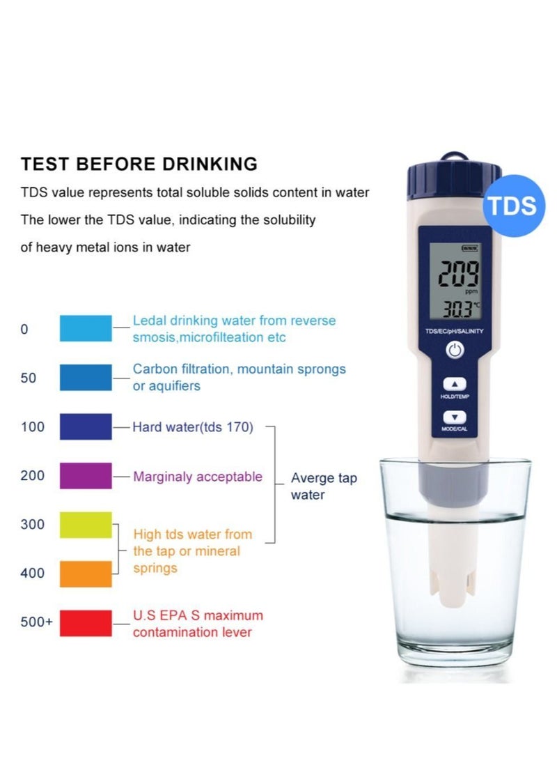 5 In 1 TDS/EC/pH/Salinity/Temperature Meter, Digital Water Quality Monitor Tester, Suitable for Pools, Drinking Water, Aquariums