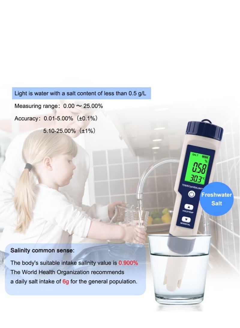 5 In 1 TDS/EC/pH/Salinity/Temperature Meter, Digital Water Quality Monitor Tester, Suitable for Pools, Drinking Water, Aquariums