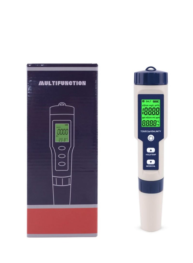 5 In 1 TDS/EC/pH/Salinity/Temperature Meter, Digital Water Quality Monitor Tester, Suitable for Pools, Drinking Water, Aquariums