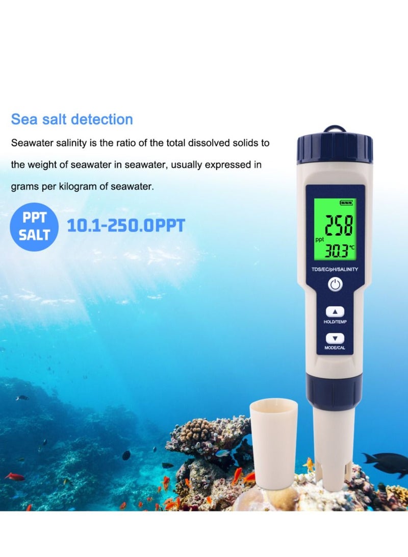 5 In 1 TDS/EC/pH/Salinity/Temperature Meter, Digital Water Quality Monitor Tester, Suitable for Pools, Drinking Water, Aquariums