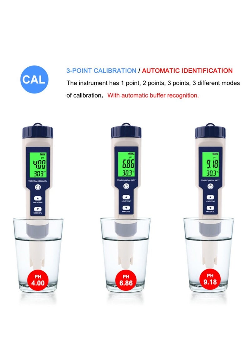 5 In 1 TDS/EC/pH/Salinity/Temperature Meter, Digital Water Quality Monitor Tester, Suitable for Pools, Drinking Water, Aquariums