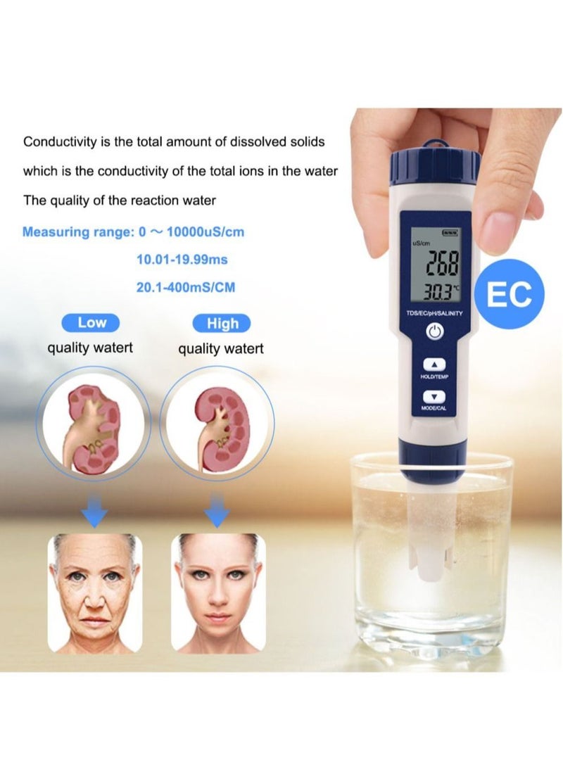 5 In 1 TDS/EC/pH/Salinity/Temperature Meter, Digital Water Quality Monitor Tester, Suitable for Pools, Drinking Water, Aquariums