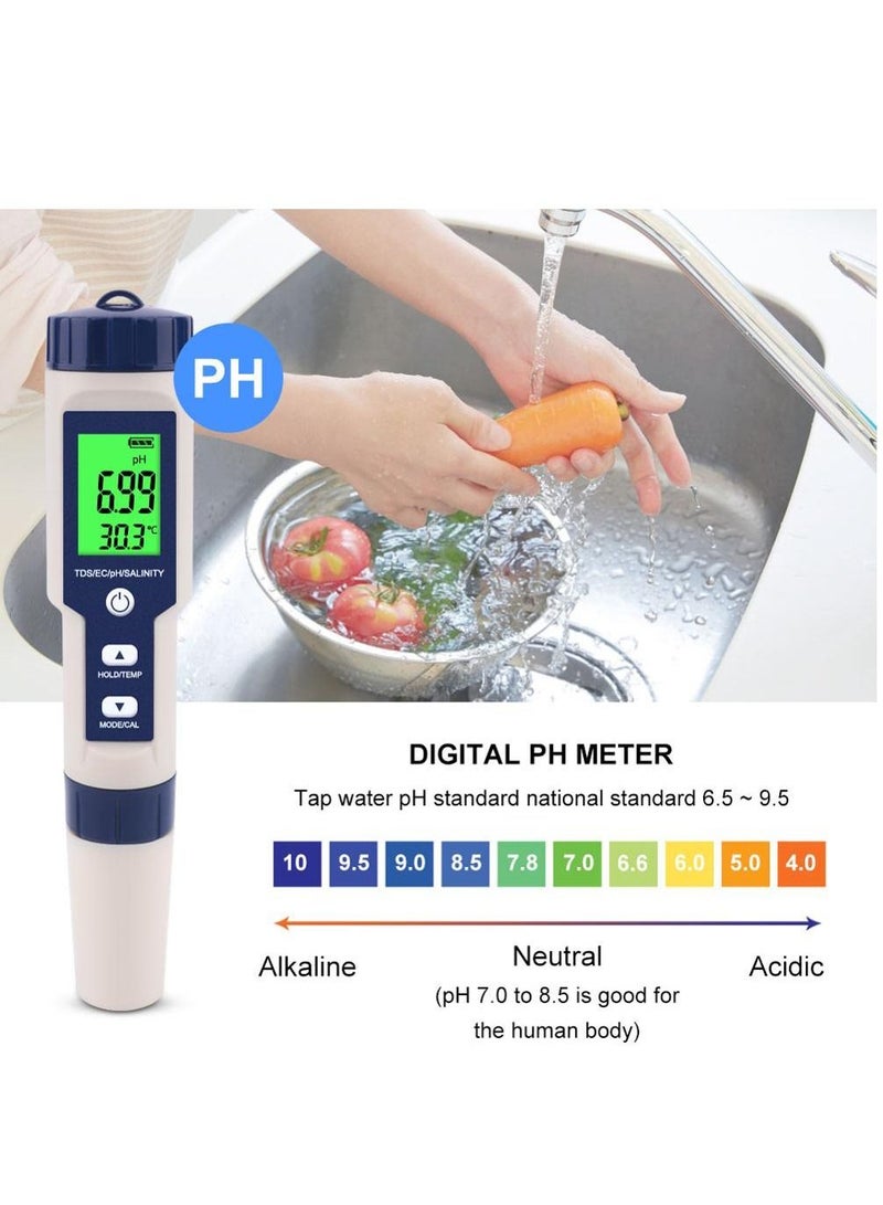 5 In 1 TDS/EC/pH/Salinity/Temperature Meter, Digital Water Quality Monitor Tester, Suitable for Pools, Drinking Water, Aquariums