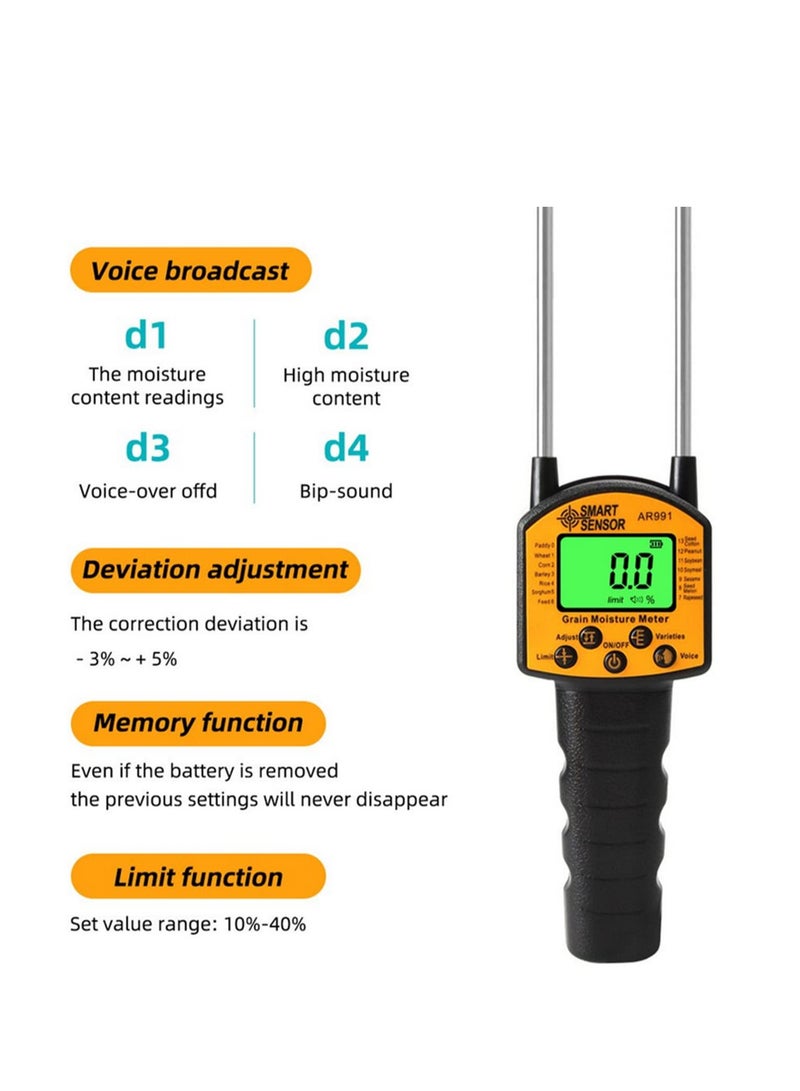 AR991 Grain Moisture Meter Hygrometer Digital Moisture Meter For Corn Wheat Rice Bean Wheat Flour Fodder Rapeseed Seed