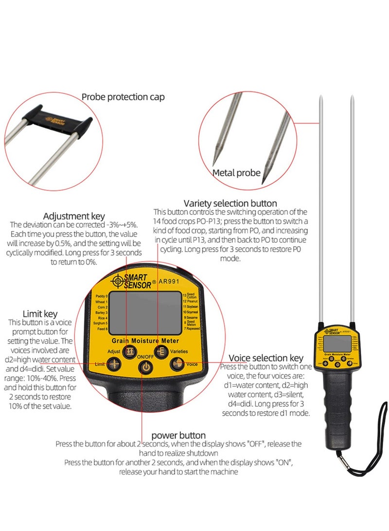 AR991 Grain Moisture Meter Hygrometer Digital Moisture Meter For Corn Wheat Rice Bean Wheat Flour Fodder Rapeseed Seed