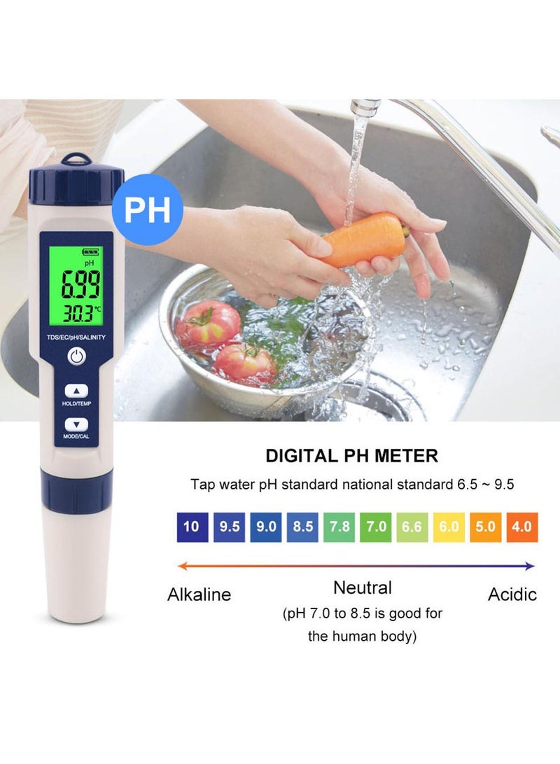 5 in 1 Electronic Household Meter, pH, TDS, EC, Salinity and Temperature Tester for Water Quality, with LCD Display, for Drinking Water, Aquarium, Swimming Pool