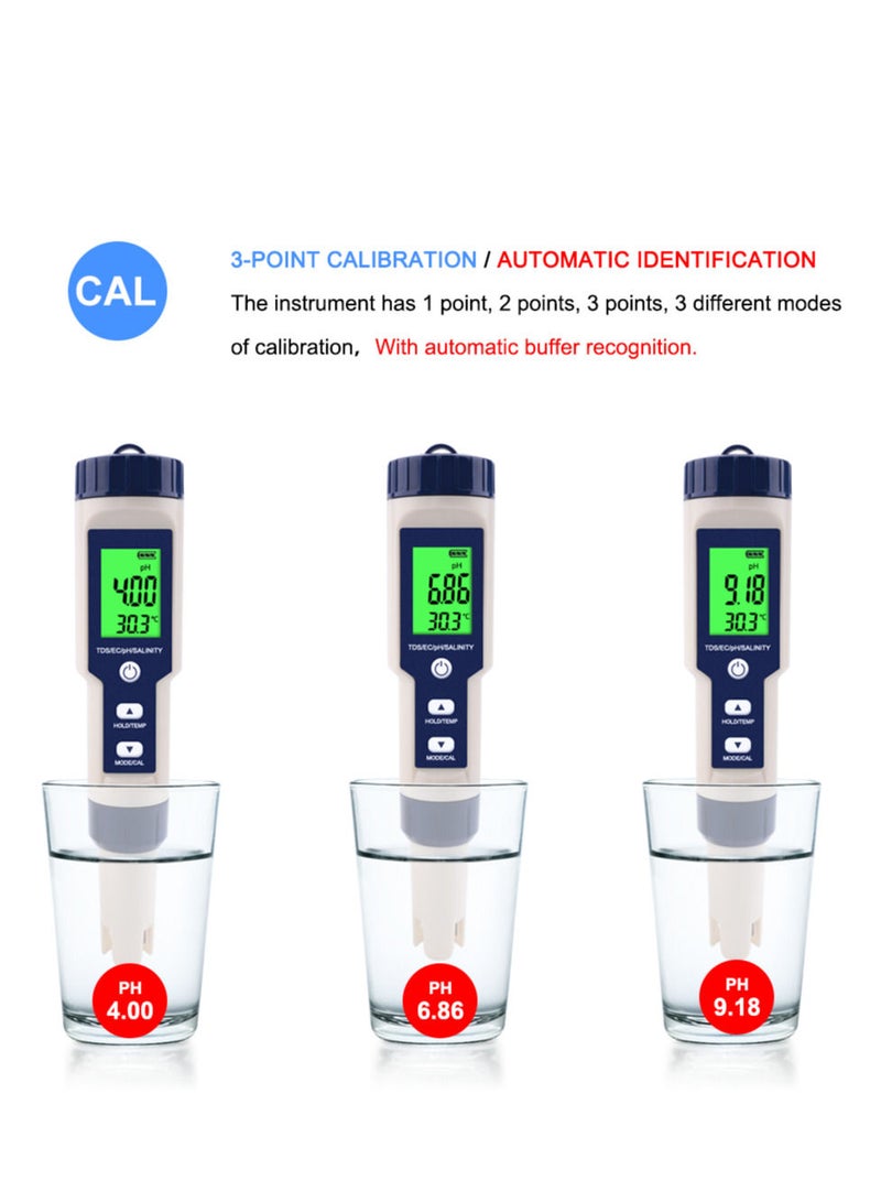 5 in 1 Electronic Household Meter, pH, TDS, EC, Salinity and Temperature Tester for Water Quality, with LCD Display, for Drinking Water, Aquarium, Swimming Pool