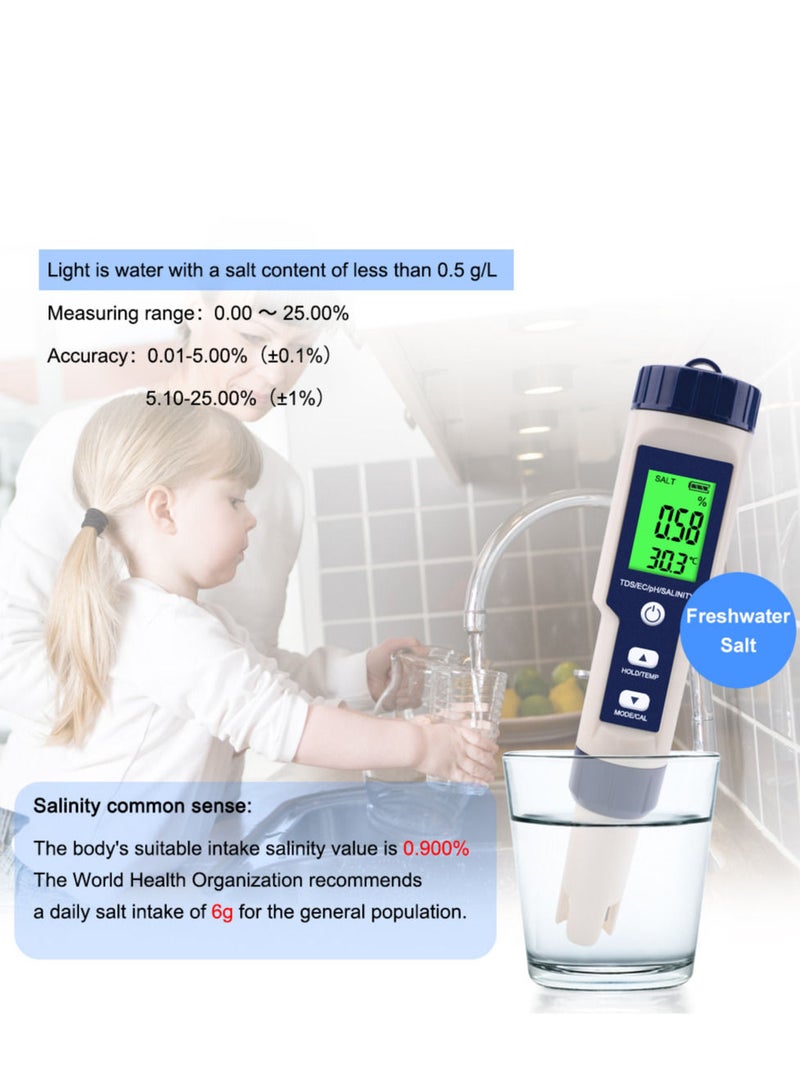 5 in 1 Electronic Household Meter, pH, TDS, EC, Salinity and Temperature Tester for Water Quality, with LCD Display, for Drinking Water, Aquarium, Swimming Pool