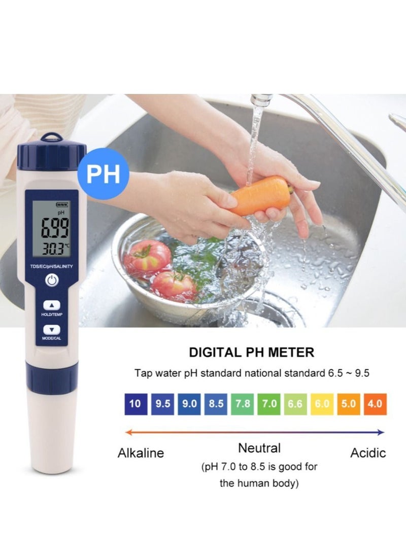 5 in 1 Electronic Household Meter, pH, TDS, EC, Salinity and Temperature Tester for Water Quality, with LCD Display, for Drinking Water, Aquarium, Swimming Pool