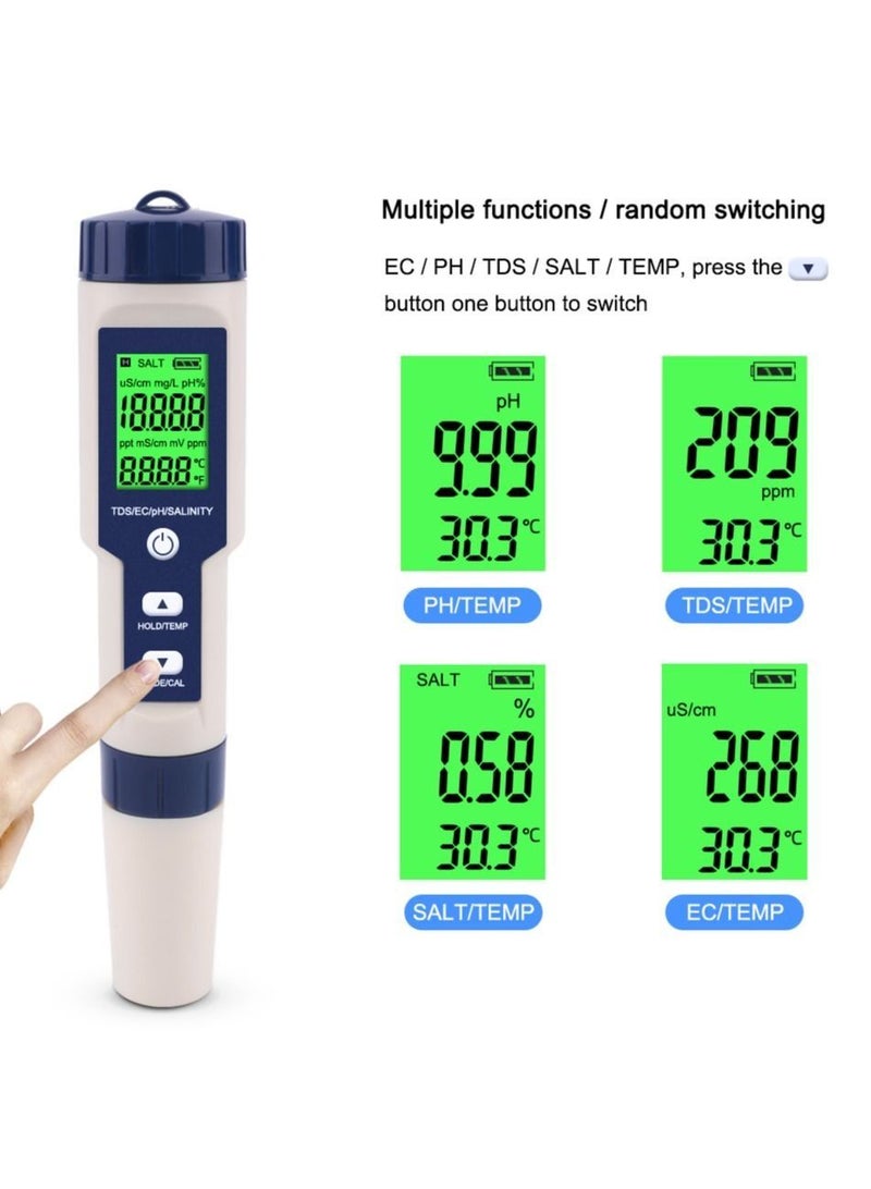 5 in 1 Electronic Household Meter, pH, TDS, EC, Salinity and Temperature Tester for Water Quality, with LCD Display, for Drinking Water, Aquarium, Swimming Pool