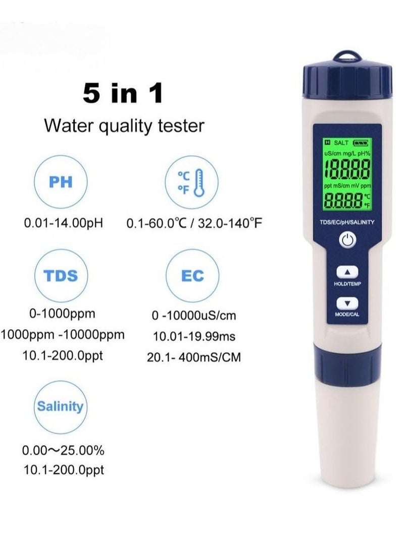 5 in 1 Electronic Household Meter, pH, TDS, EC, Salinity and Temperature Tester for Water Quality, with LCD Display, for Drinking Water, Aquarium, Swimming Pool