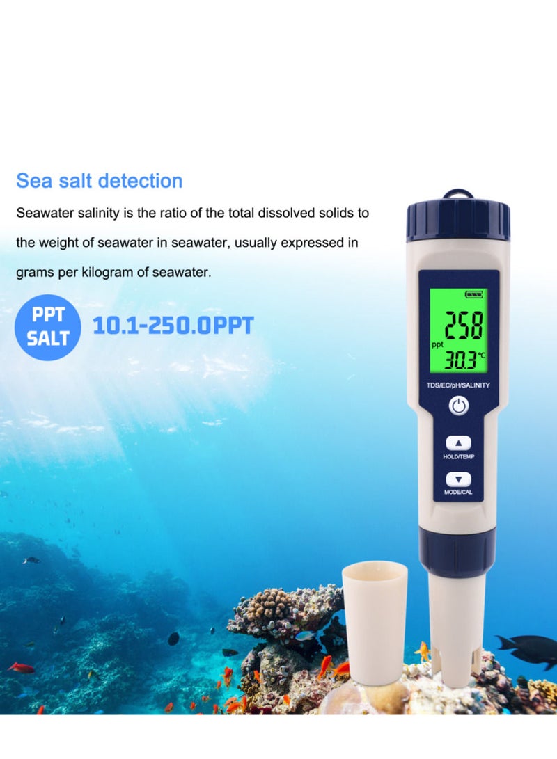 5 in 1 Electronic Household Meter, pH, TDS, EC, Salinity and Temperature Tester for Water Quality, with LCD Display, for Drinking Water, Aquarium, Swimming Pool