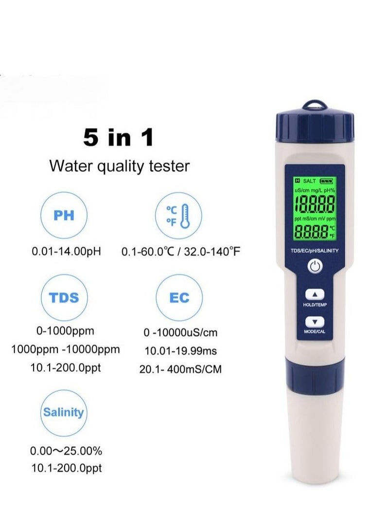 5 In 1 TDS/EC/pH/Salinity/Temperature Meter, Digital Water Quality Monitor Tester, Suitable for Pools, Drinking Water, Aquariums