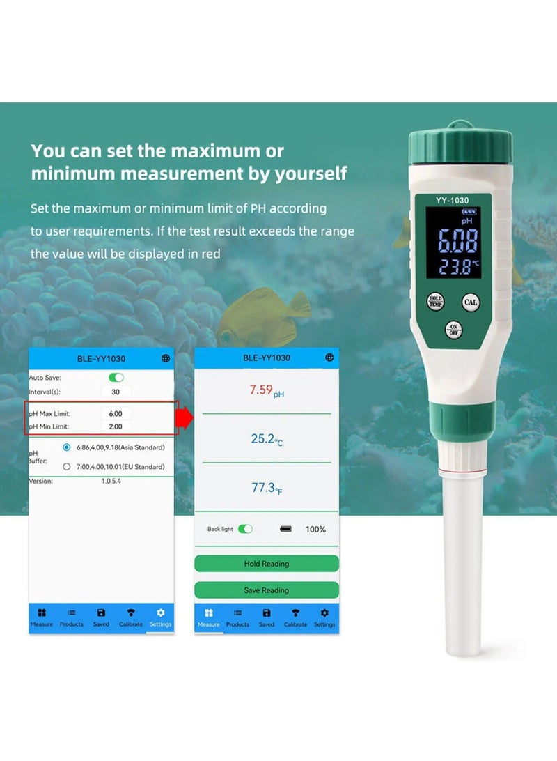 YY-1030 Smart Bluetooth pH Meter, Water Quality Tester Pen, Mobile APP Control, for Soil/Cosmetic/Food/Cheese/Meat Fruit/Dough/Baby Food Supplement