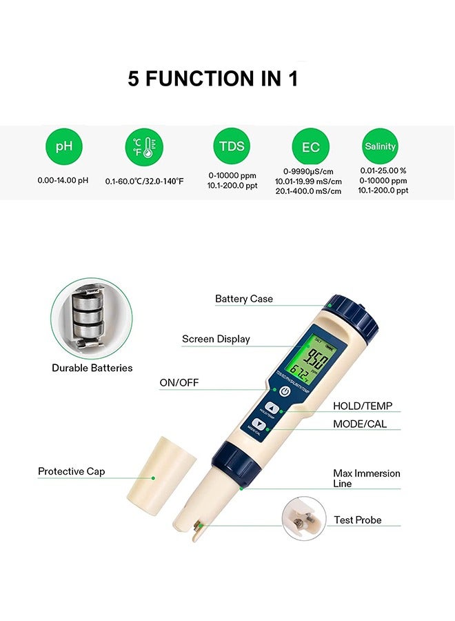 5 in 1 Water Quality Tester，Digital PH Meter PH/EC/TDS/Salinity/Thermometer for Water, Fish Tank,Pools and Hydroponics