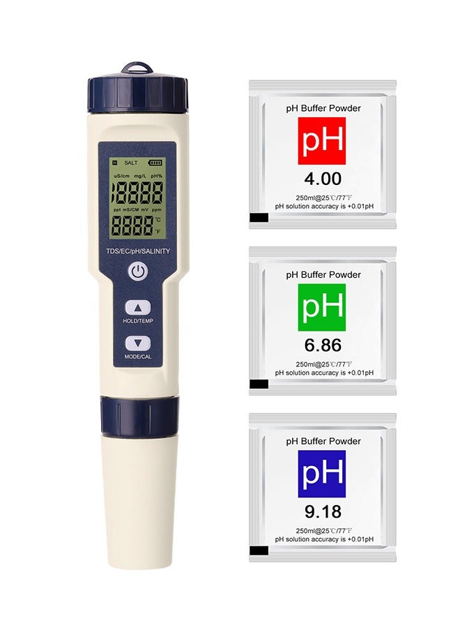 5 in 1 Water Quality Tester，Digital PH Meter PH/EC/TDS/Salinity/Thermometer for Water, Fish Tank,Pools and Hydroponics