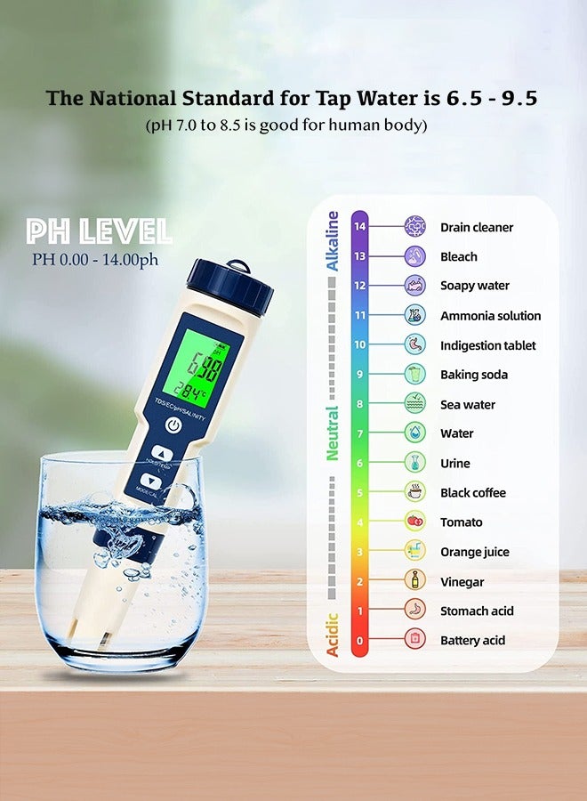 5 in 1 Water Quality Tester，Digital PH Meter PH/EC/TDS/Salinity/Thermometer for Water, Fish Tank,Pools and Hydroponics