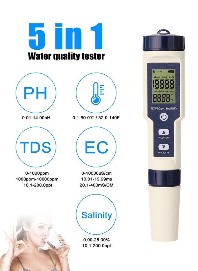 5 in 1 Water Quality Tester，Digital PH Meter PH/EC/TDS/Salinity/Thermometer for Water, Fish Tank,Pools and Hydroponics