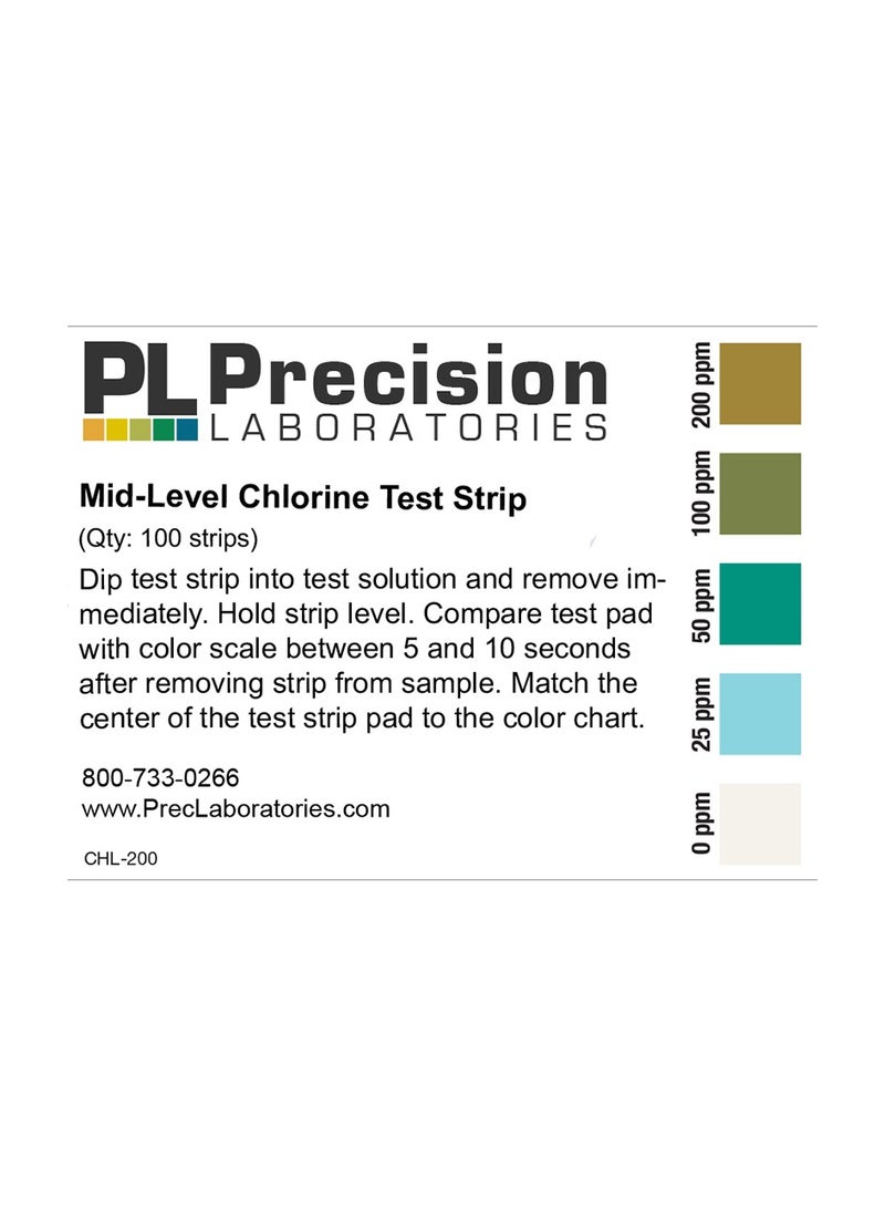 CHL-200-1V-100 Mid-Level Chlorine Test Strip, 200ppm