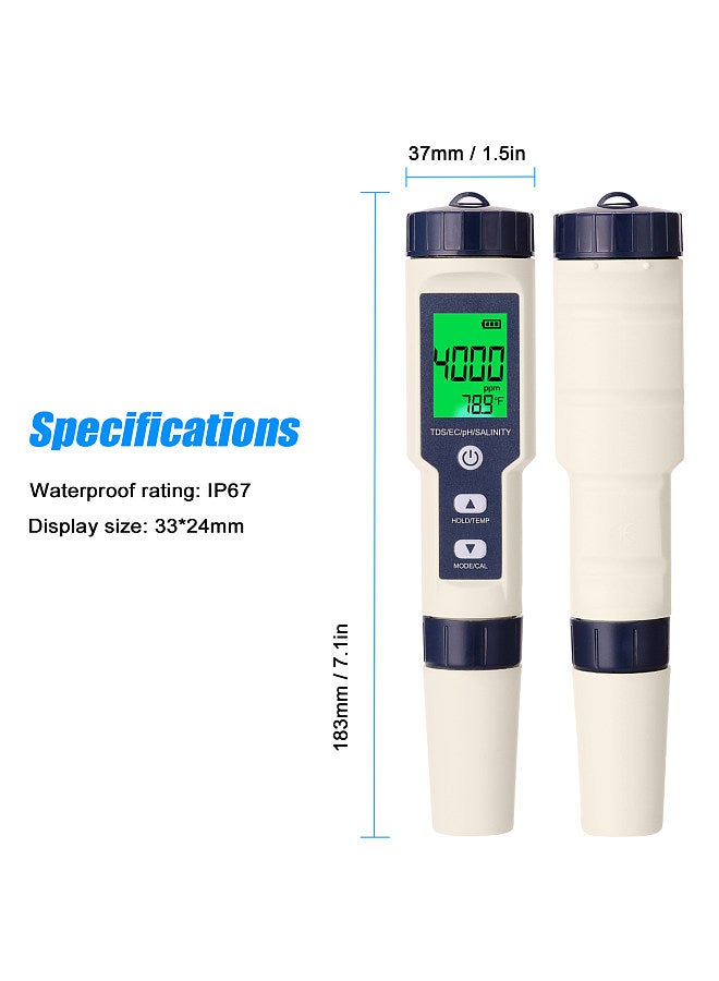 5 in 1 Professional Multi-parameter Combo Testing Meter PH/EC/TDS/Salinity/Thermometer Digital Multi-Function Tester Water Quality Tester