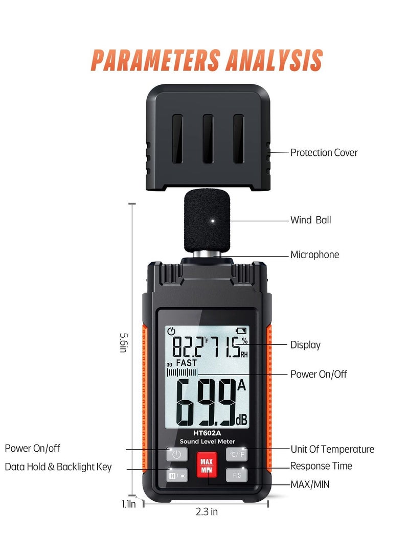 Protmex Sound Level Meter, 30-130dBA 30Hz-8KHz Decibel Meter with Large LCD Screen, Temperature and Humidity Measuring, A Weighting Mode, MAX/MIN, Fast/Slow, Data Hold, Backlight, Auto-Off Functions