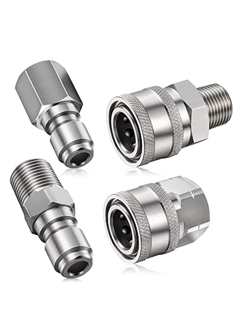 2 Sets NPT 3/8 Inch Pressure Washer Coupler Stainless Steel Male and Female Quick Connector Kit Pressure Washer Adapter(Internal Thread, External Thread)