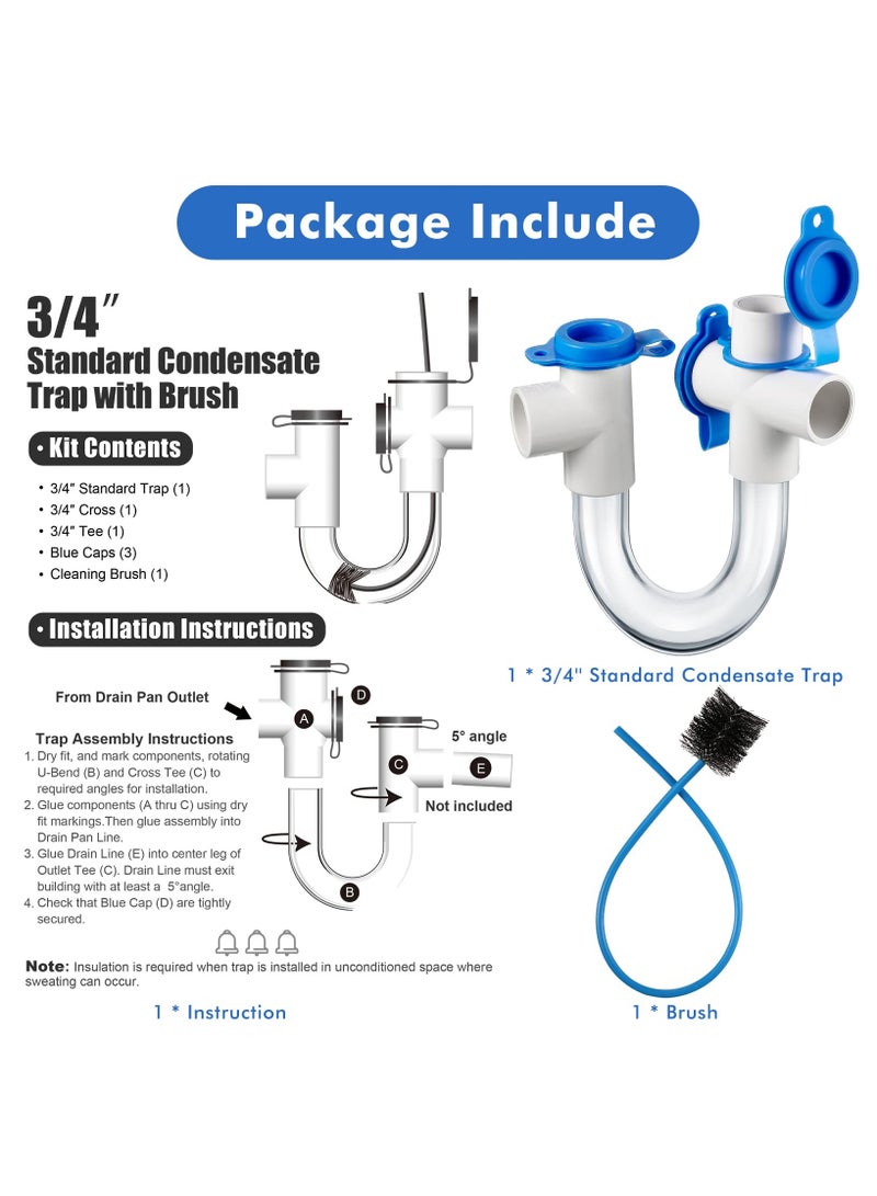 3/4 Inch Standard Clear Condensate Trap with Cleaning Brush, PVC Transparent U Trap With Easy Clean Ports, Essential Component for HVAC Systems Air Conditioner, Effectively Drains Condensate (1 Pack)