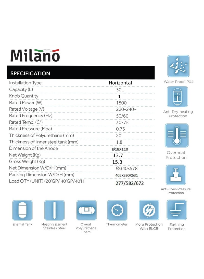 Milano Electric Water Heater Horizontal Shape Energy Saver Instant Water Heater White 30 Liter