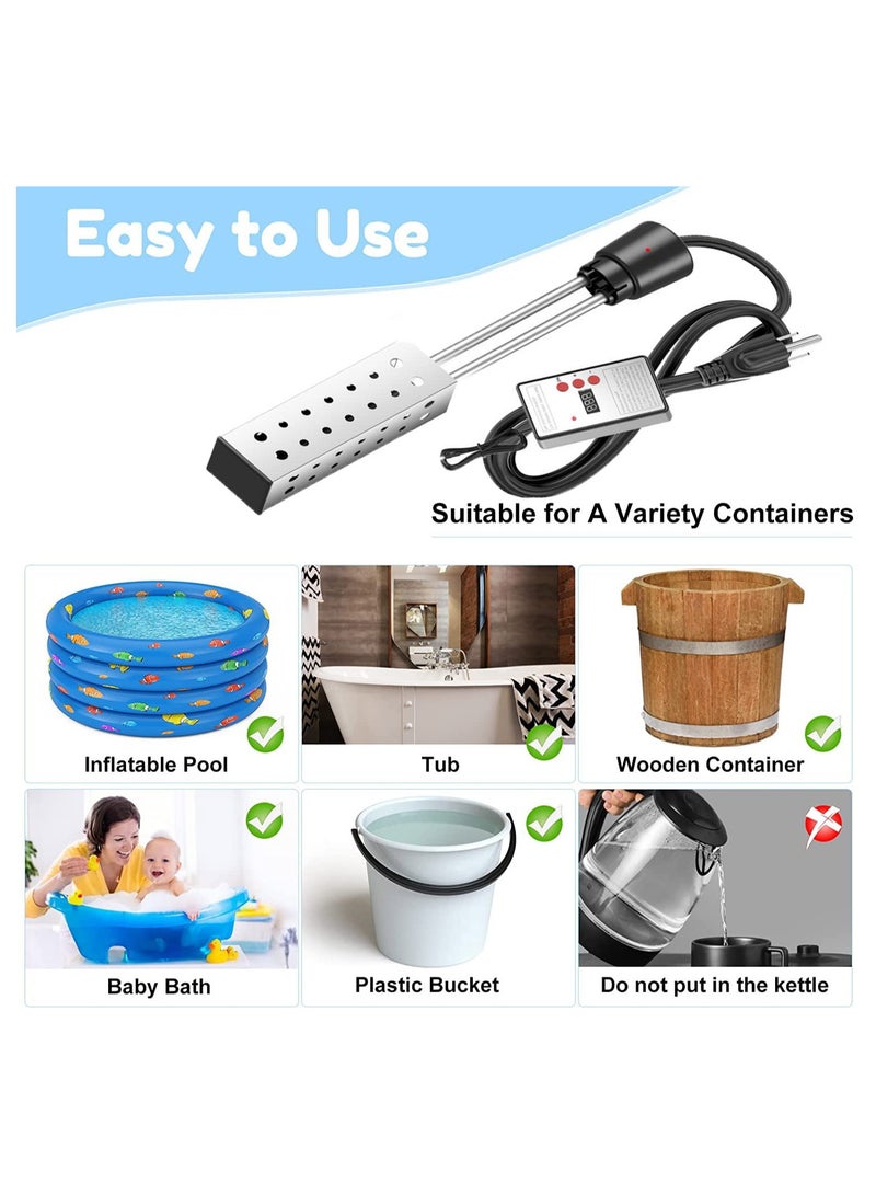 Submersible Water Heater for Bathtubs, Hot Tubs, and Pools, 2500W Immersion Heater with Temperature Control and 304 Stainless Steel Protection, Heats 5 Gallons in Minutes